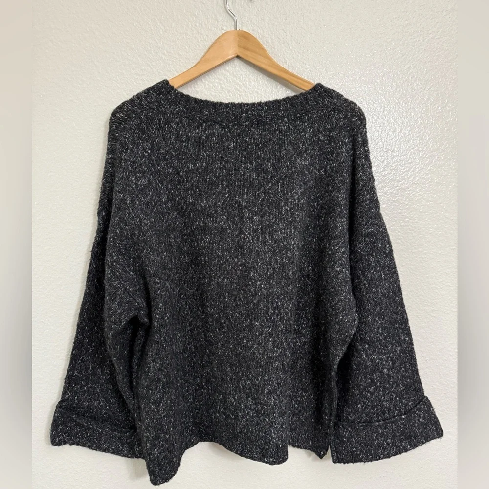 Anthropologie Maggie Bell-Sleeved Sweater Grey Marled V-Neck Charcoal